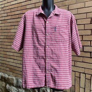 Vintage y2k Columbia Seersucker Red White Button Down Plaid Shirt Extra Large